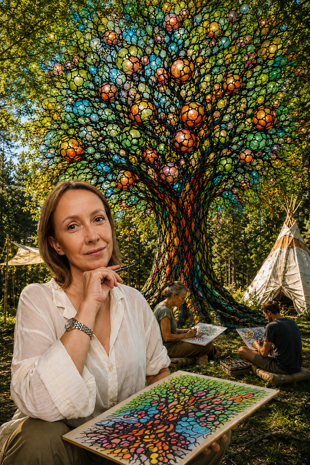 Marta Kolarz trzymająca obraz neurograficznego drzewa na leśnej polanie, w tle tipi i rysujące osoby